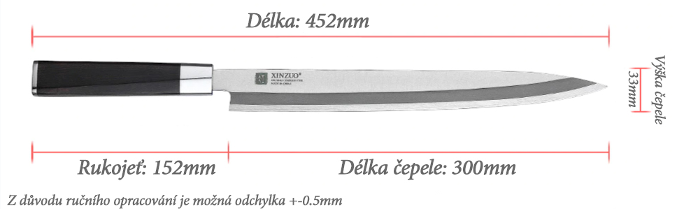 Rozměry nože XinZuo Sashimi s 300 mm dlouhou čepelí